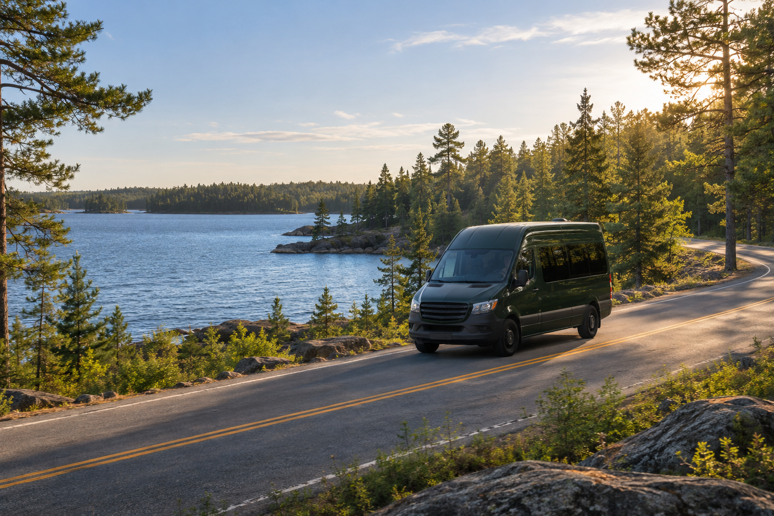 Concept of a forest green passenger shuttle beside a northern Minnesota style lake and pine forest